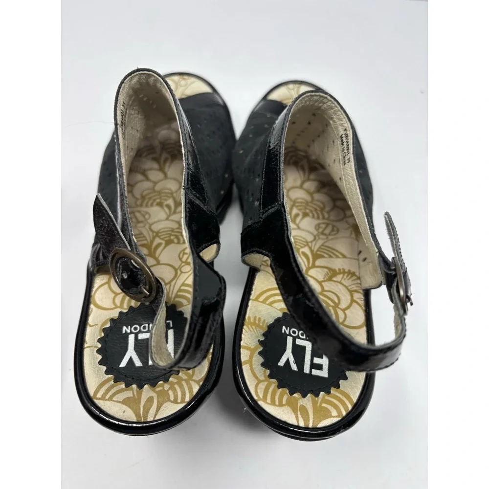 Fly London Black Leather Wedge Sandals P500568001 Euro 39 US 8.5